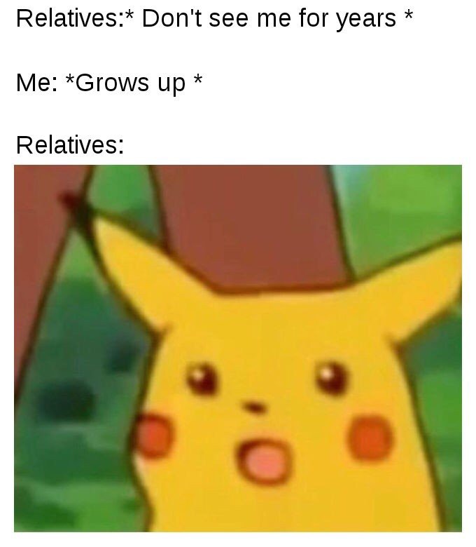surprised pikachu meme - Relatives Don't see me for years Me Grows up Relatives