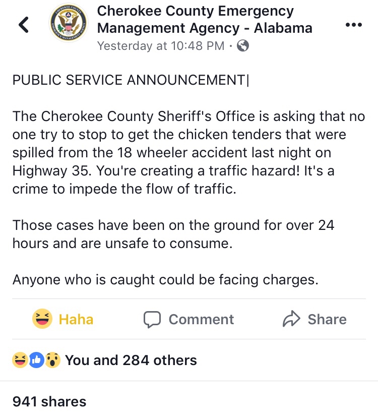 python unit test example - Cherokee County Emergency Management Agency Alabama Yesterday at Public Service Announcement|| The Cherokee County Sheriff's Office is asking that no one try to stop to get the chicken tenders that were spilled from the 18 wheel