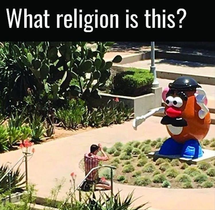 mr potato head statue - What religion is this?