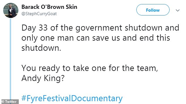 document - Barack O'Brown Skin Day 33 of the government shutdown and only one man can save us and end this shutdown. You ready to take one for the team, Andy King? Twitter