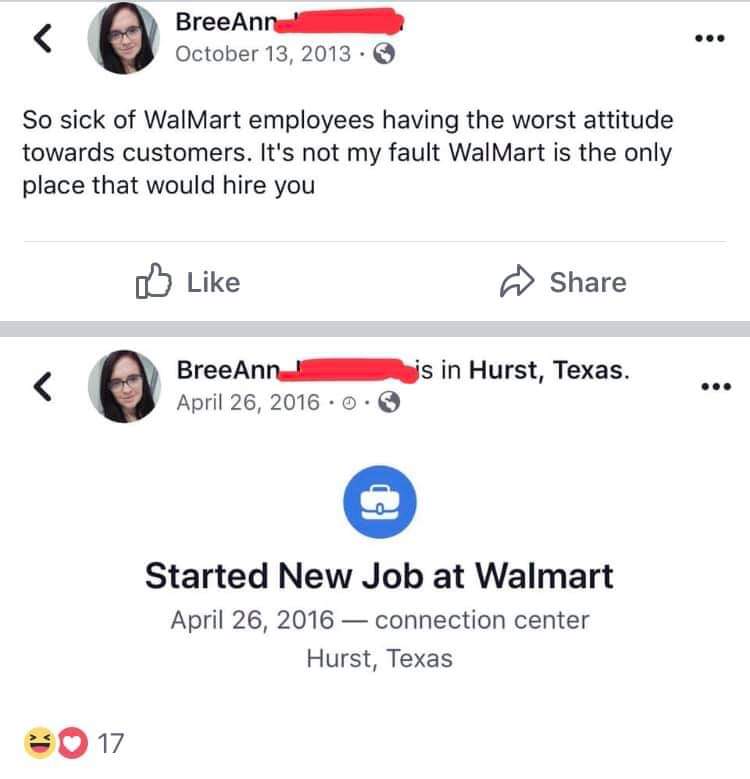 web page - BreeAnn So sick of Walmart employees having the worst attitude towards customers. It's not my fault Walmart is the only place that would hire you is in Hurst, Texas. BreeAnn .. Started New Job at Walmart connection center Hurst, Texas 17