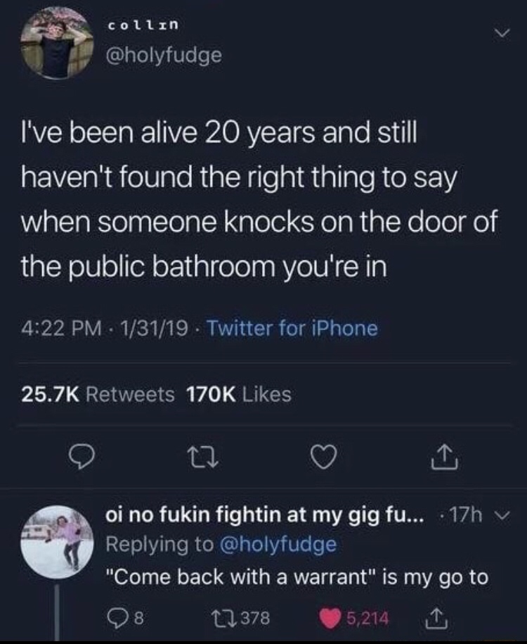 screenshot - collin I've been alive 20 years and still haven't found the right thing to say when someone knocks on the door of the public bathroom you're in 13119. Twitter for iPhone ai no fuki oi no fukin fightin at my gig fu... 17h v "Come back with a w