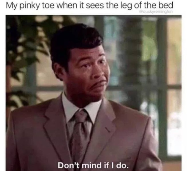 continental breakfast meme - My pinky toe when it sees the leg of the bed Don't mind if I do.