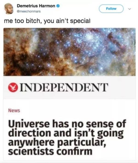 me too bitch you aint special meme - Demetrius Harmon meechonmars me too bitch, you ain't special Independent News Universe has no sense of direction and isn't going anywhere particular, scientists confirm
