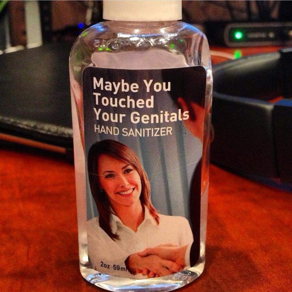 meme of a hand sanitizer for use after shaking hands
