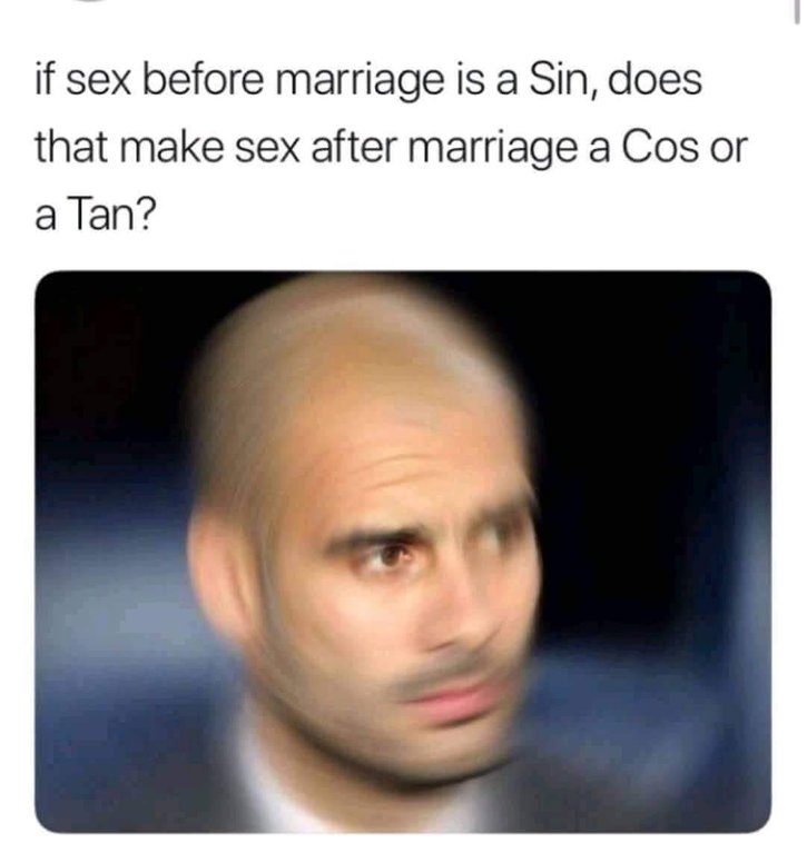 high iq memes - if sex before marriage is a Sin, does that make sex after marriage a Cos or a Tan?