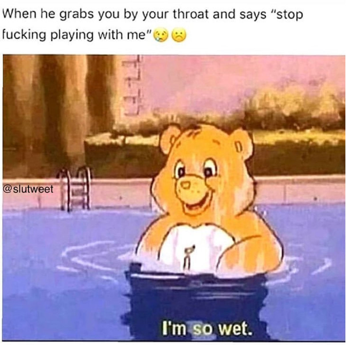 care bear im so wet meme - When he grabs you by your throat and says