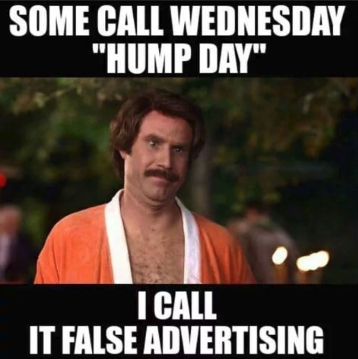 Will Ferrell Humpday Meme that says 'Some Call Wednesday Hump Day, I call it false advertising'