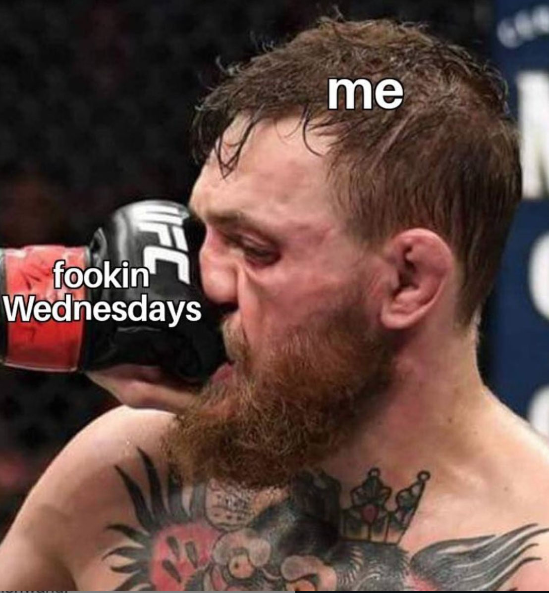 Conor McGregor getting punched in the face with the text 'me' and 'fookin Wednesdays'