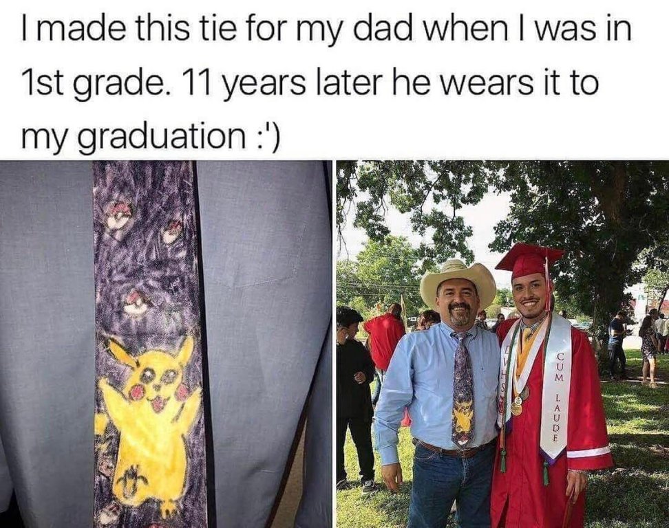 Feel Good meme about a dad wearing a Pikachu tie that his son made when he was 11