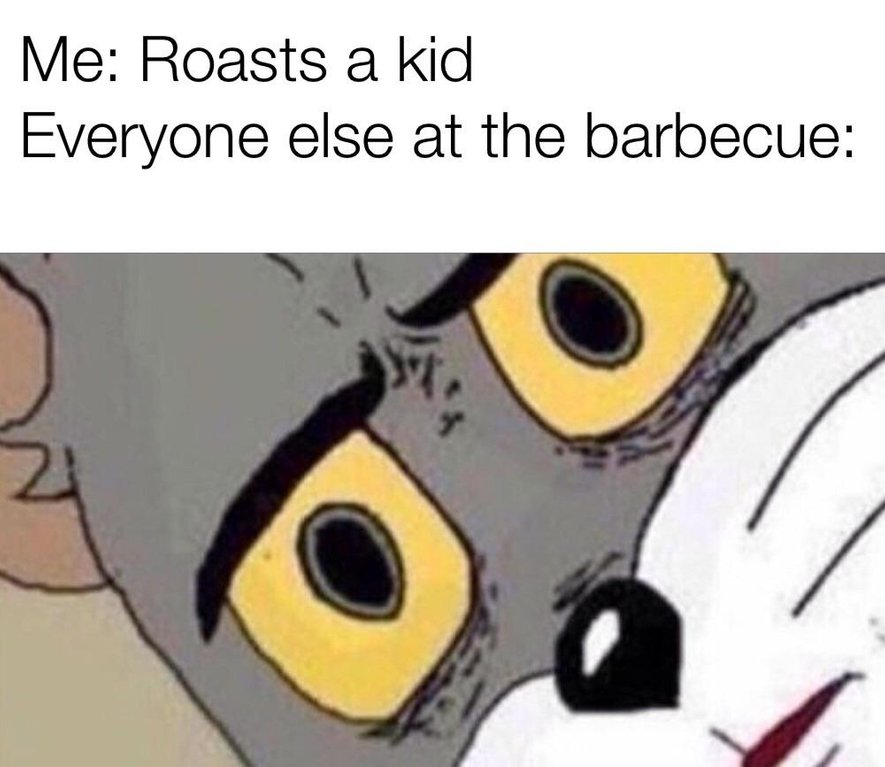 Unsettled Tom meme about roasting a kid at a barbecue 