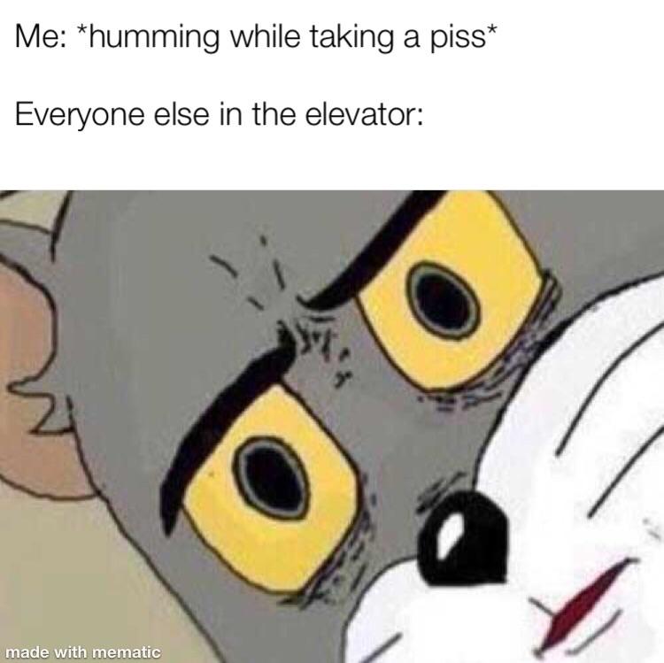 Unsettled Tom meme that says 'humming while taking a piss' 'everyone else in the elevator'