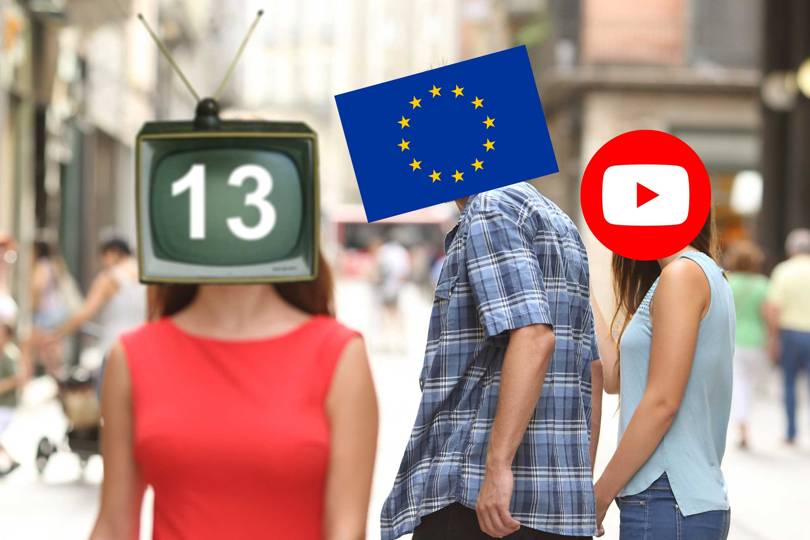 Distracted Boyfriend Article 13 meme with YouTube, EU, and 13 logos.