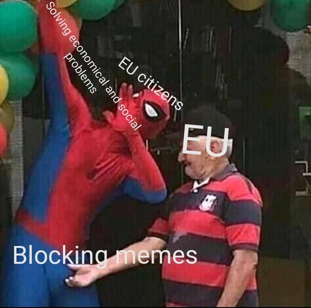 Article 13 meme with Spiderman dabbing and an old man grabbing his crotch with the caption - EU citizens, solving economic and social problems, EU, Blocking memems