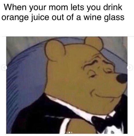 Smug looking Winnie the Pooh in a tuxedo with a caption that says, "When your mom lets you drink orange juice out of a wine glass" meme
