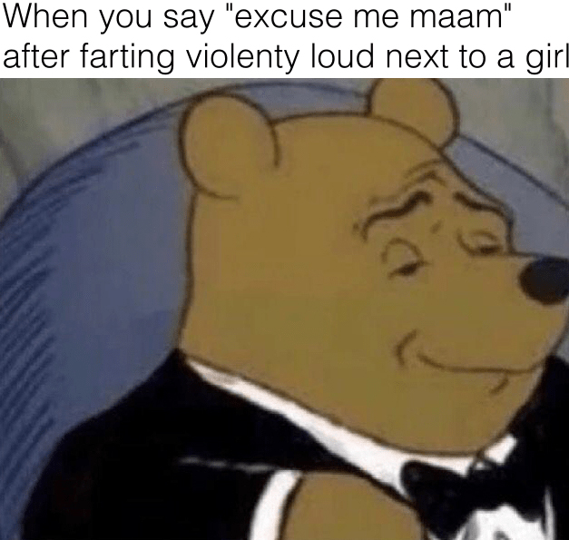 When you say "excuse me maam" after farting violently loud next to a girl - Tuxedo Winnie the Pooh meme