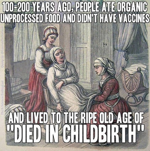 died in childbirth meme - 100200 Years Ago, People Ate Organic Unprocessed Food And Didn'T Have Vaccines Bre Quote by Fb A Science Enthusiast And Lived To The Ripe Old Age Of "Died In Childbirth"