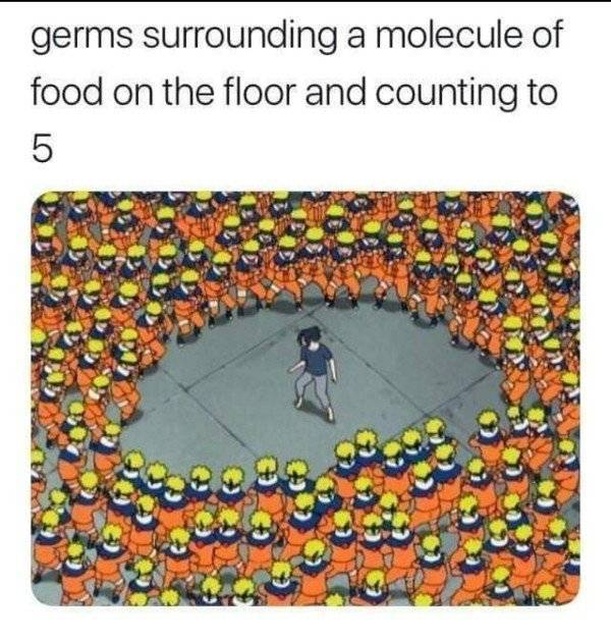 random cool pic of 5 second rule germs meme - germs surrounding a molecule of food on the floor and counting to