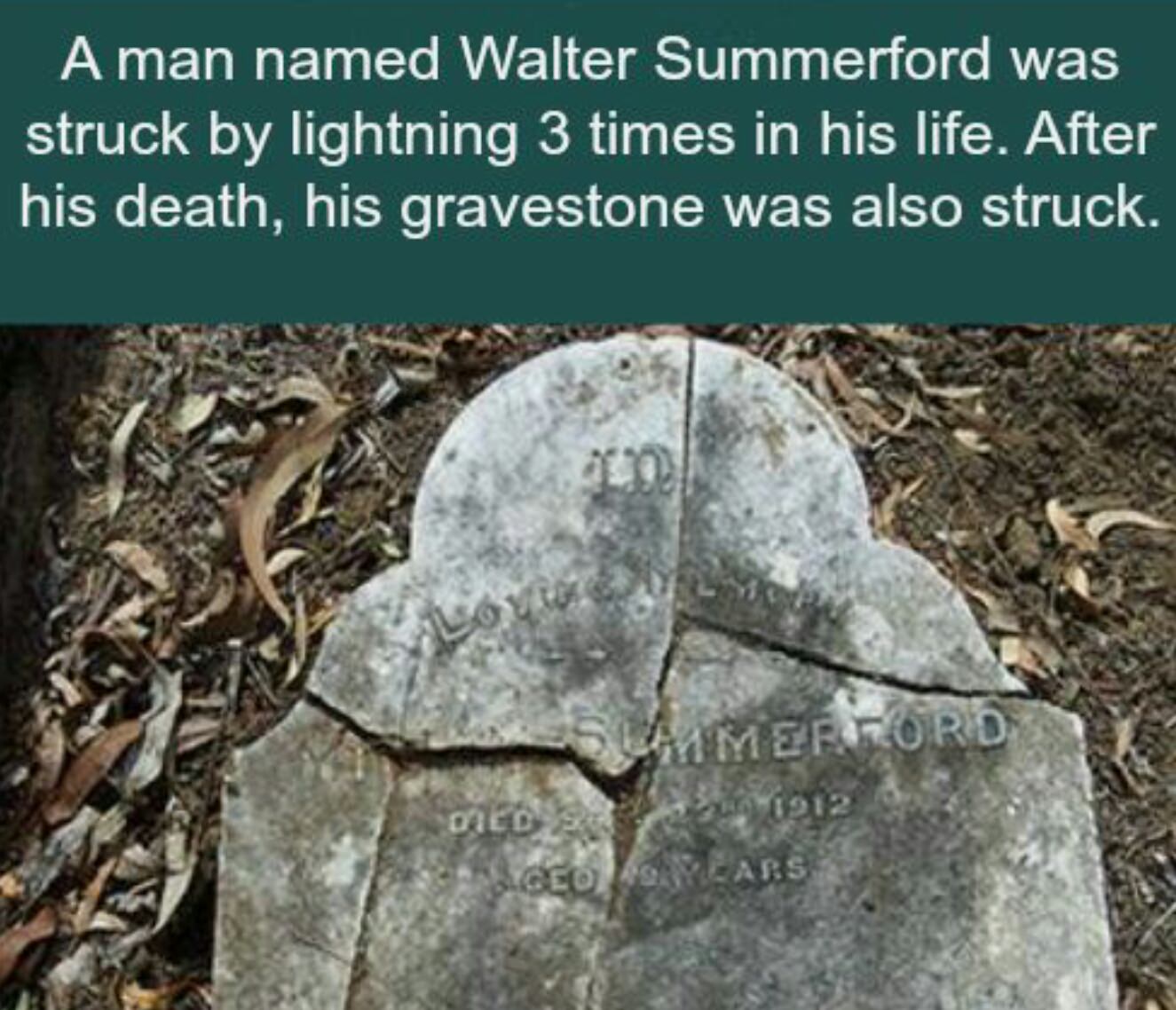 gravestone struck by lightning - A man named Walter Summerford was struck by lightning 3 times in his life. After his death, his gravestone was also struck. Summer Ford Died 1912 Georgiars