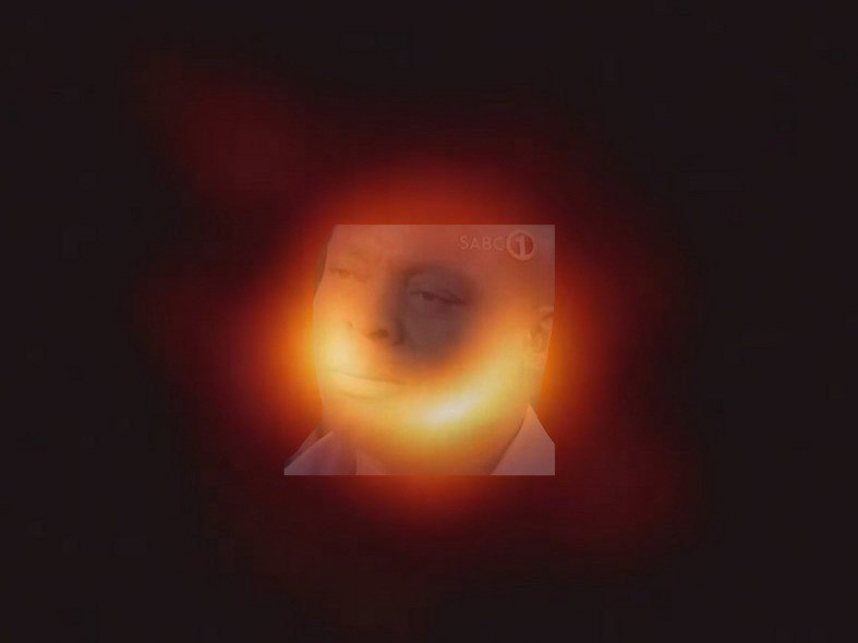 Black hole image meme photoshopped over a guy looking into the distance.