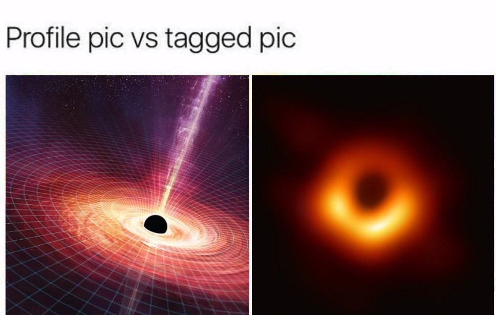 Profile pic vs tagged pic with the photo of the black hole and a drawing of a black hole