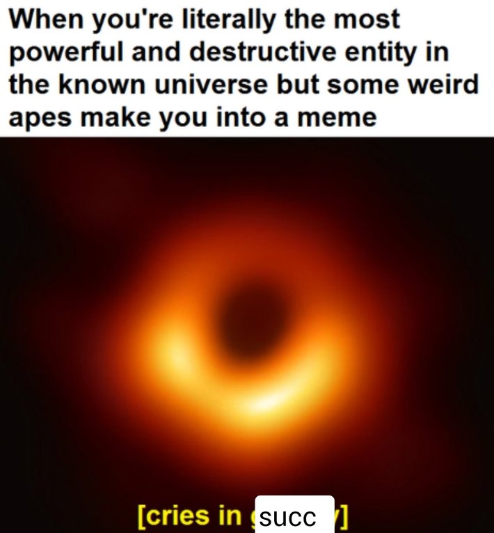 Black Hole Meme that says 'when you're literally the most powerful and destructive entity in the known universe but some weird apes make you into a meme'