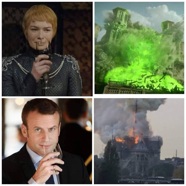 Notre Dame fire meme with Cersei from Game of Thrones comparing the sept getting destroyed to the cathedral fire.