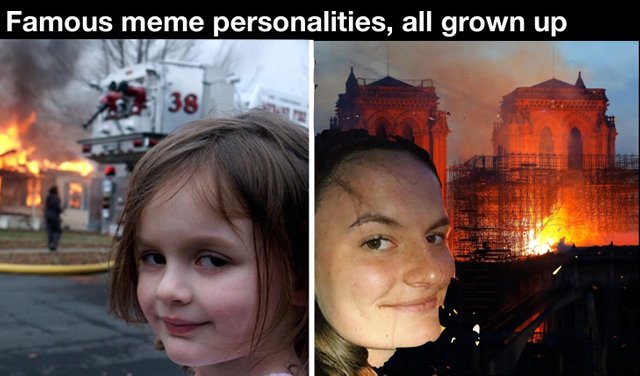 Famous meme personalities all grown up. Little girl looking at the Notre Dame fire.