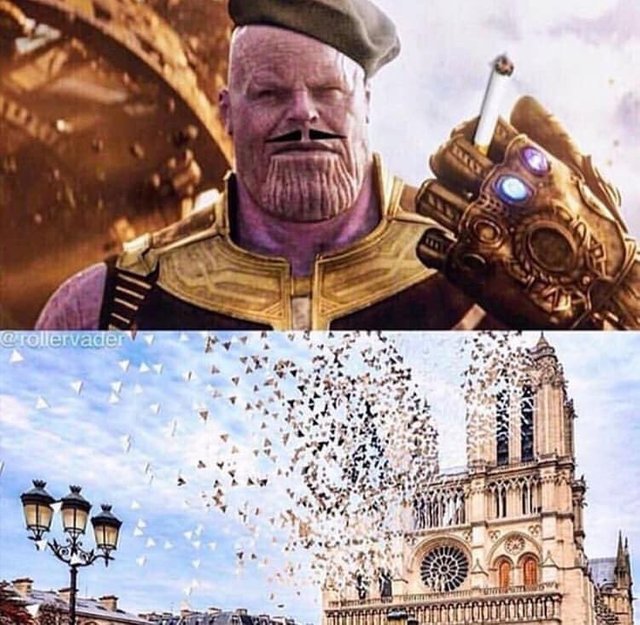 Thanos wearing a French outfit as the Notre Dame is disappearing