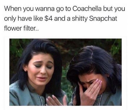 When you wanna go to Coachella but you have like $4 and a shitty Snapchat flower filter meme