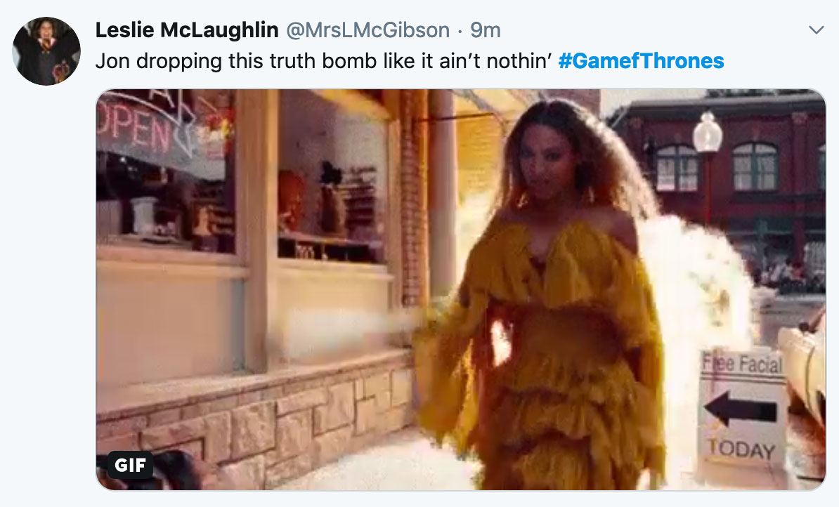 Game of Thrones Season 8 Episode 2 Meme - Beyonce walking away from an explosion with the text 'Jon dropping the truth bomb like it ain't nothin'