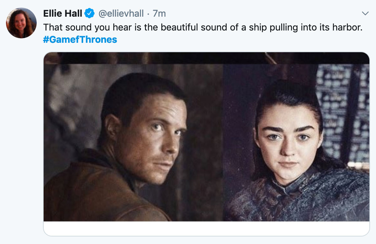 Game of Thrones Season 8 Episode 2 Meme - Gendry and Arya looking and the text 'That Sound you hear is the beautiful sound of a ship pulling into its harbor'