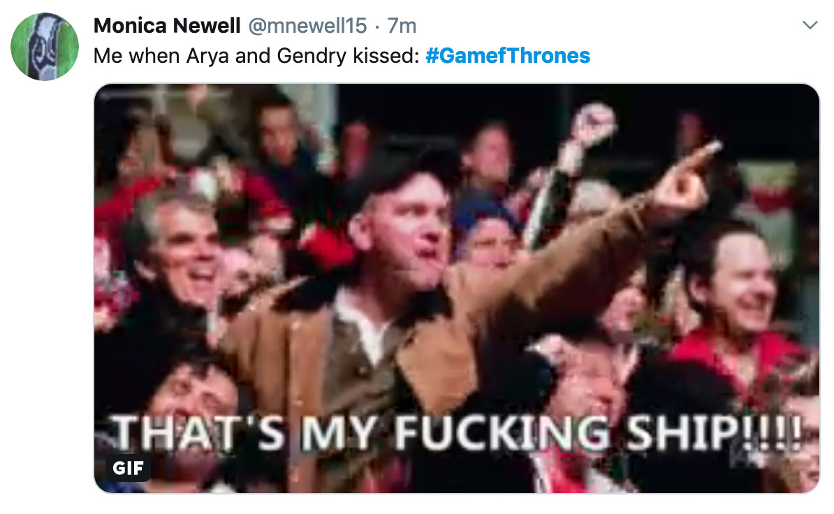 Game of Thrones Season 8 Episode 2 Meme - 'me when arya and gendry kissed'