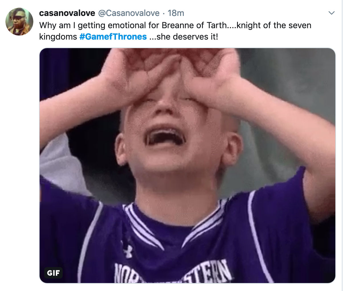 Game of Thrones Season 8 Episode 2 Meme - Kid crying and the text 'why am i getting emotional for Breanne of Tarth... knight of the seven kingdoms'