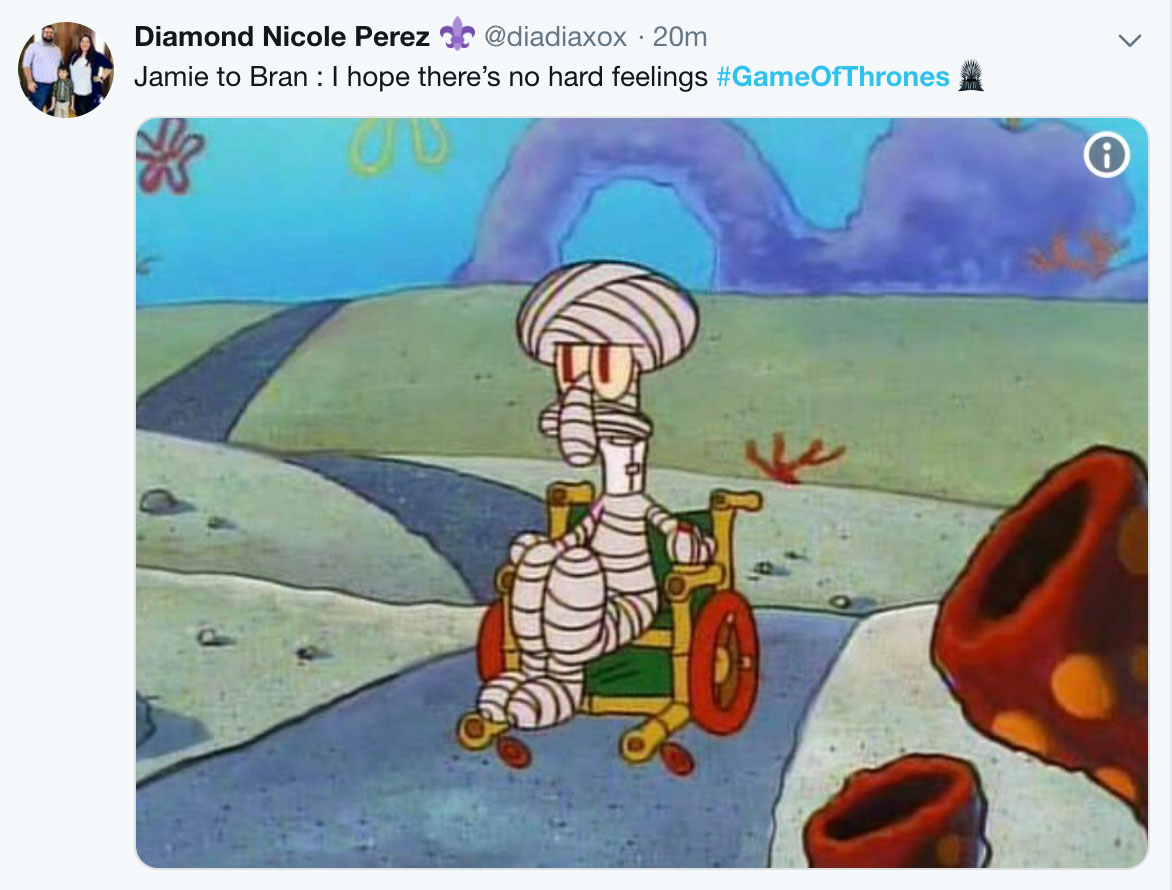 Game of Thrones Season 8 Episode 2 Meme - Squidward in a wheelchair about Bran Stark and Jamie Lanister