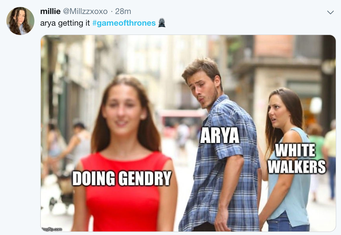 GOT Season 8 Episode 2 meme of Arya looking at doing gendry and away from the white walkers