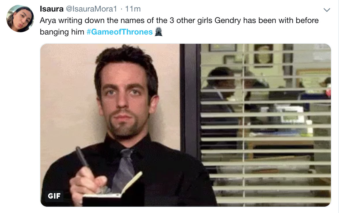 Game of Thrones Episode 2 Season 8 meme of Ryan from the Office writing in his notebook with the text 'Arya writing down the names of the 3 other girls Gendry has been with before banging him'