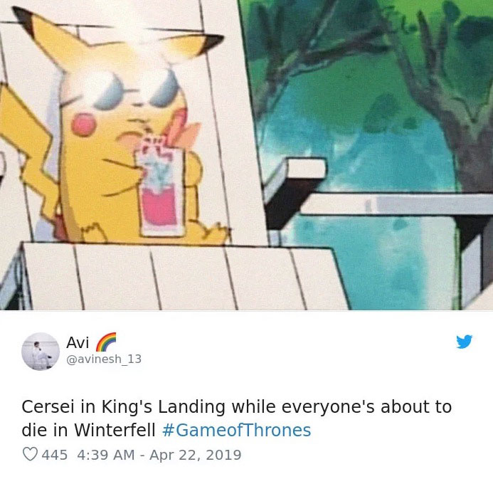 Funny Game of Thrones Episode 2 Season 8 meme of Pikachu sitting on a chair with sunglasses on and the text 'cersei in kings landing while everyones about to die in Winterfell'