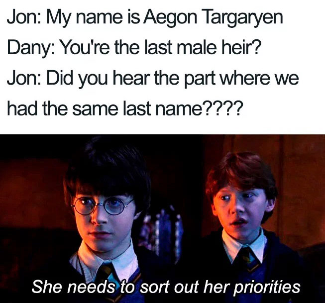 Funny Game of Thrones meme from Season 8 Episode 2 with Harry Potter saying 'she needs to sort out her priorities' about Jon being Aegon Targaryen