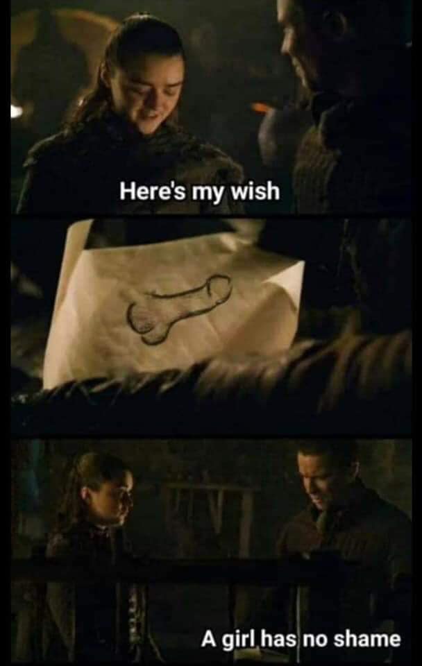 GOT season 8 episode 2 Arya handing Gendry a drawing of a dick and it says 'here's my wish'