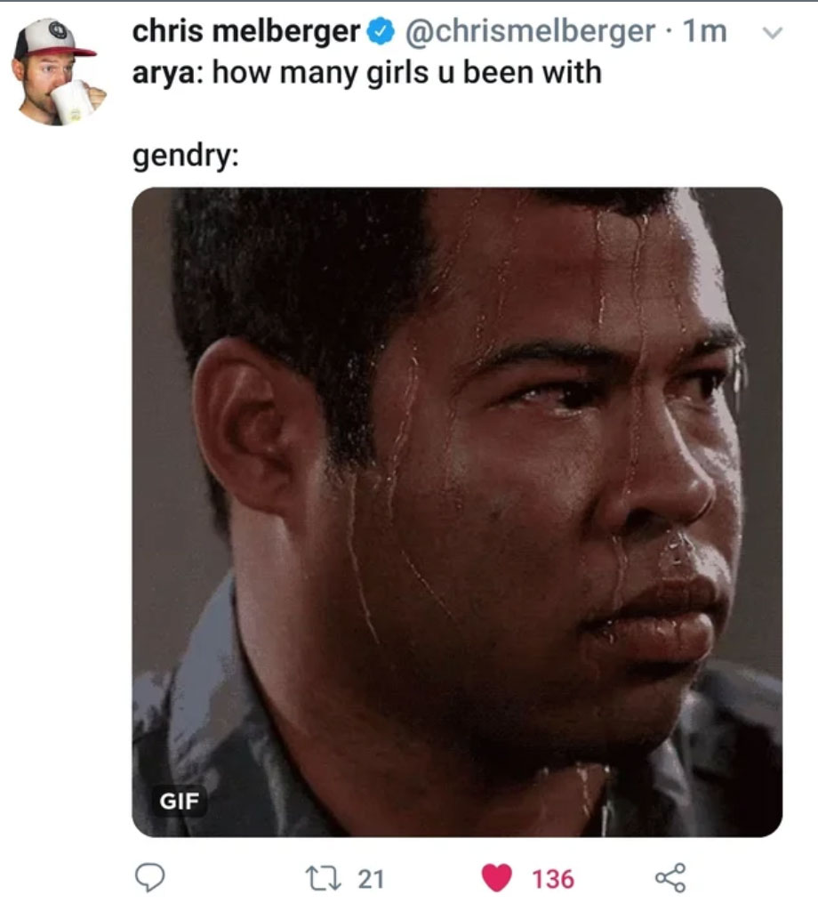 GOT Season 8 Episode 2 meme of Jordan Peele sweating with the text 'arya, how many girls u been with?'