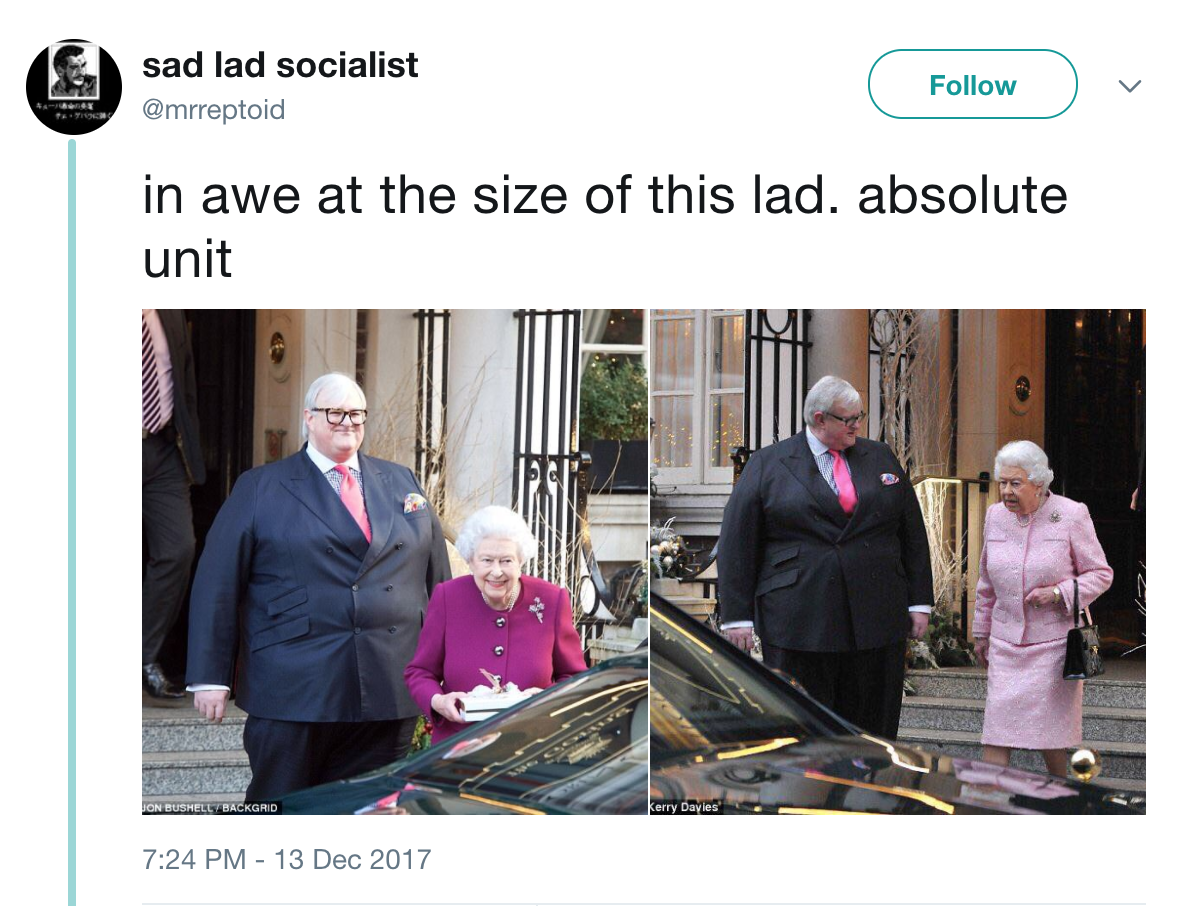 absolute unit - sad lad socialist in awe at the size of this lad, absolute unit er med