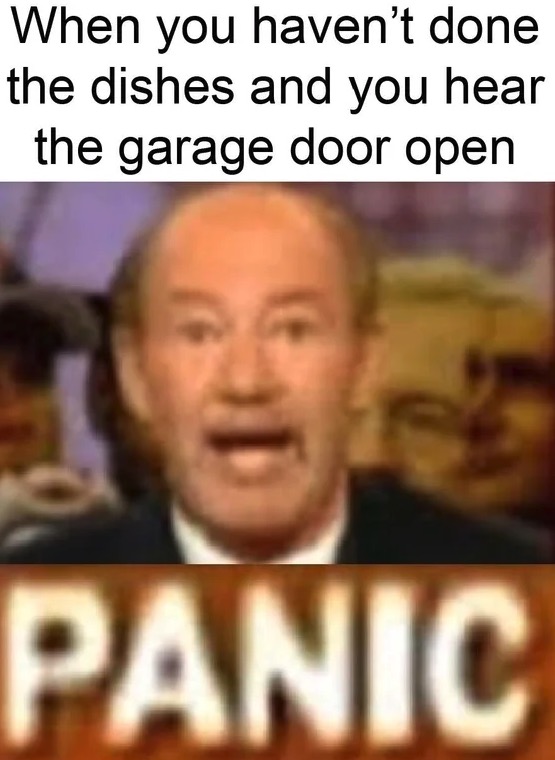 Funny meme - panic jpg - When you haven't done the dishes and you hear the garage door open Panic