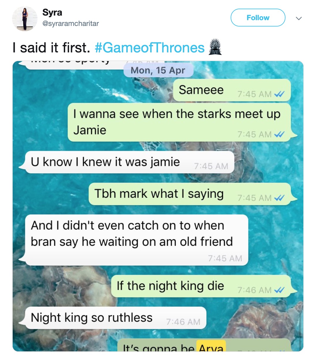 Game of Thrones memes - Battle for Winterfell - water resources - Syra v I said it first. hvorvi Mon, 15 Apr Sameee Vi I wanna see when the starks meet up Jamie W U know I knew it was jamie Tbh mark what I saying Va And I didn't even catch on to when bran