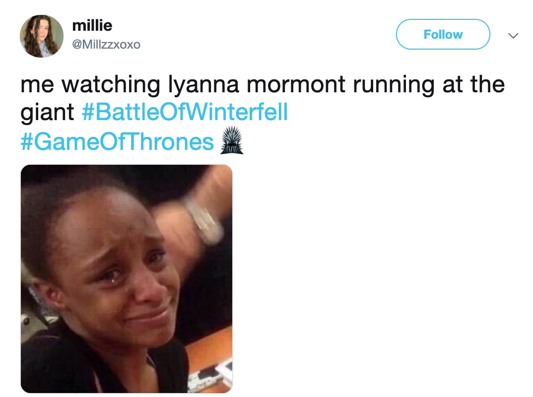 Game of Thrones memes - Battle for Winterfell - growing up black memes - millie me watching Iyanna mormont running at the giant