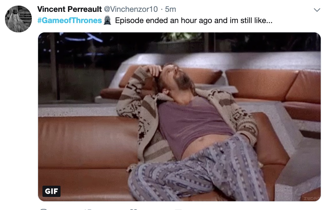 Game of Thrones memes - Battle for Winterfell - big lebowski - Vincent Perreault 5m # Episode ended an hour ago and im still ... Gif Ture