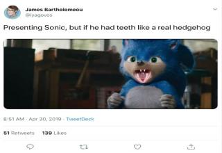 Sonic The Hedgehog Movie Meme -photo caption - James Bartholomeo Presenting Sonic, but if he had teeth a real hedgehog Am Tweetbeck 1 139