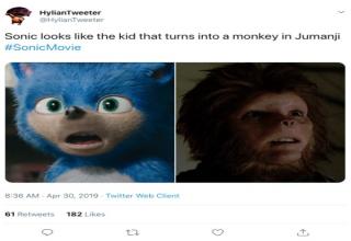 Sonic The Hedgehog Movie Meme -photo caption - Hotweeter Sonic looks the kid that turns into a monkey in Jumanji Sonic Movie Ana 20W