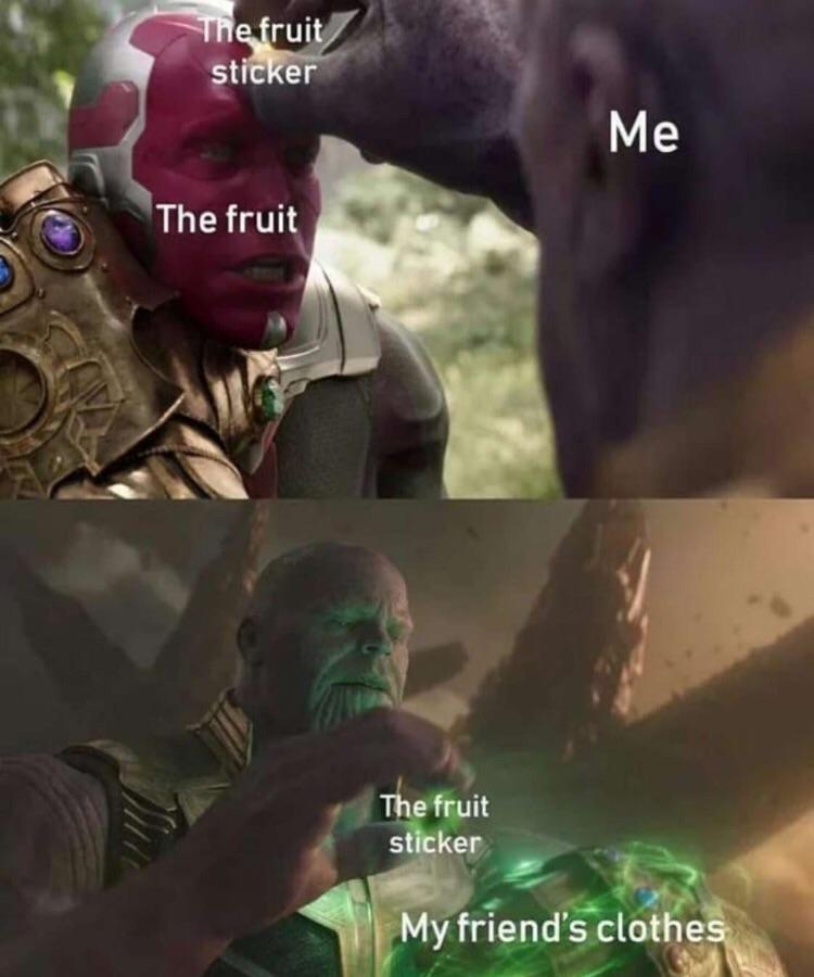 Avengers Endgame memes - Humour - The fruit sticker Me The fruit The fruit sticker My friend's clothes
