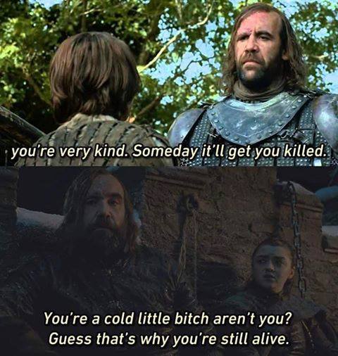 Game of Thrones memes - you re very kind someday it will get you killed - you're very kind. Someday it'll get you killed. You're a cold little bitch aren't you? Guess that's why you're still alive.